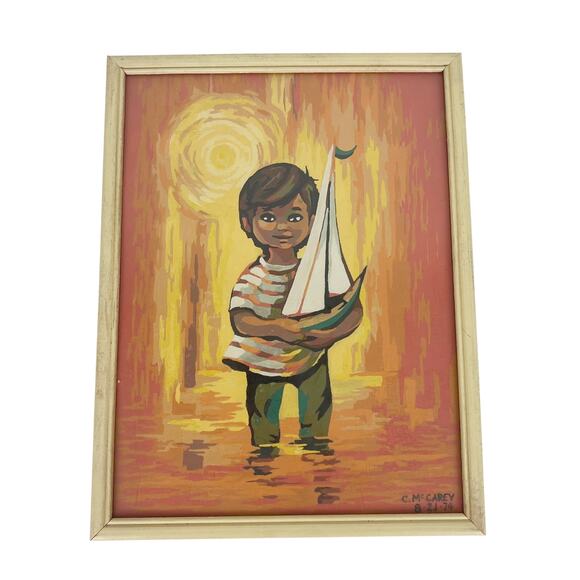 Vintage 70s Framed Art Boy Sailboat ‘Going Sailing’ Big Eye Kitsch 13”x10” - Picture 1 of 6